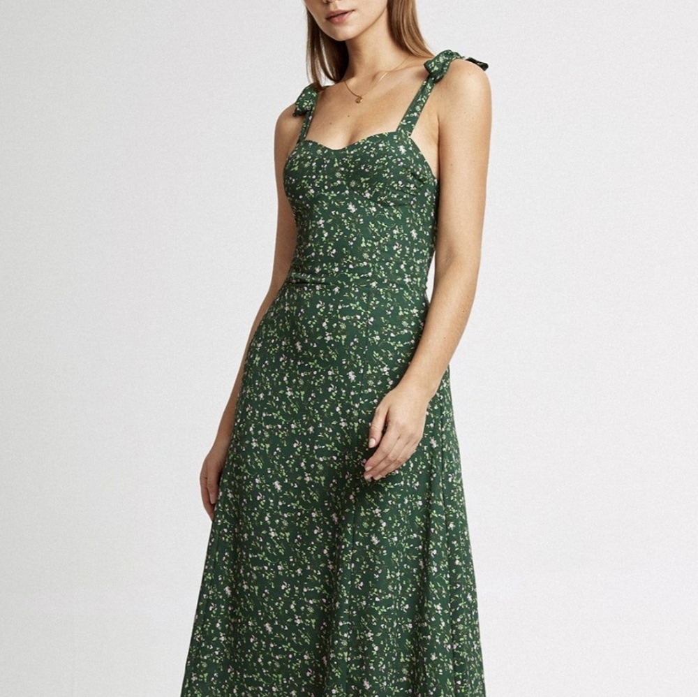 Reborn Green & Pink Floral Tie-Straps Smocked Back Lined Midi Dress, XS, Size 2